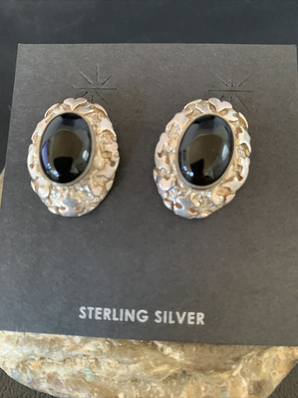 Women's Nugget Black Onyx Earrings 1" | Sterling Silver | Authentic Native American Handmade | 13047