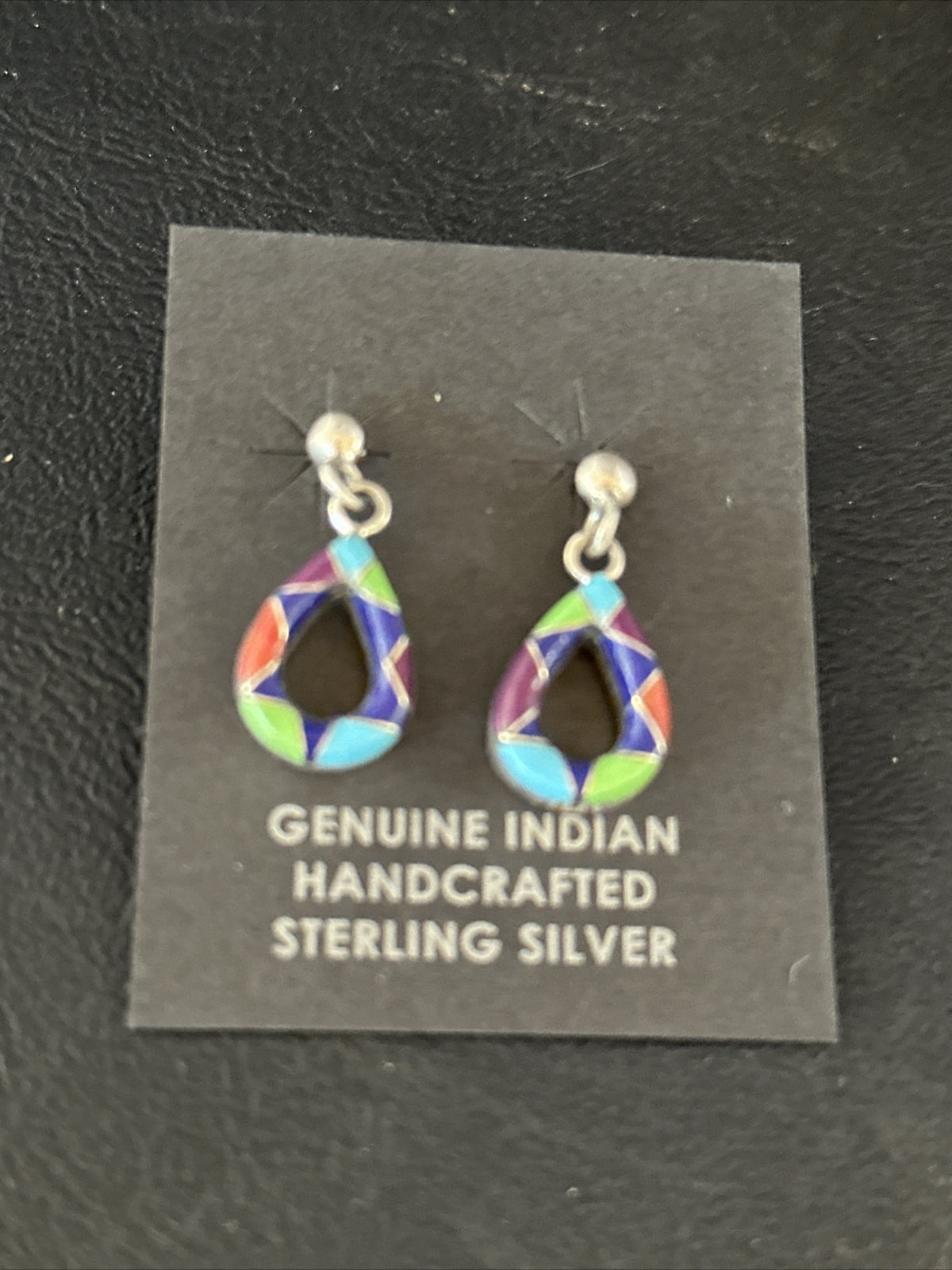 Turquoise Spiny Oyster & Opal Navajo Sterling Silver Inlay Earrings 1” 14411