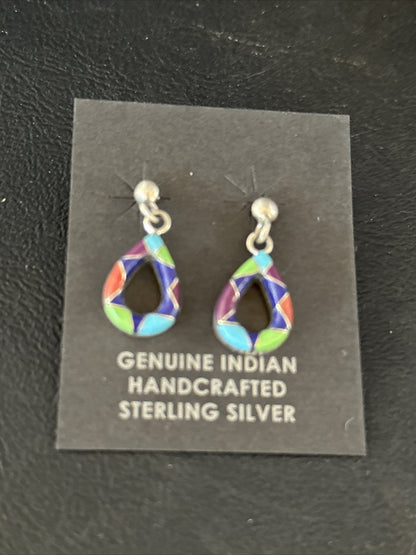 Turquoise Spiny Oyster & Opal Navajo Sterling Silver Inlay Earrings 1” 14411