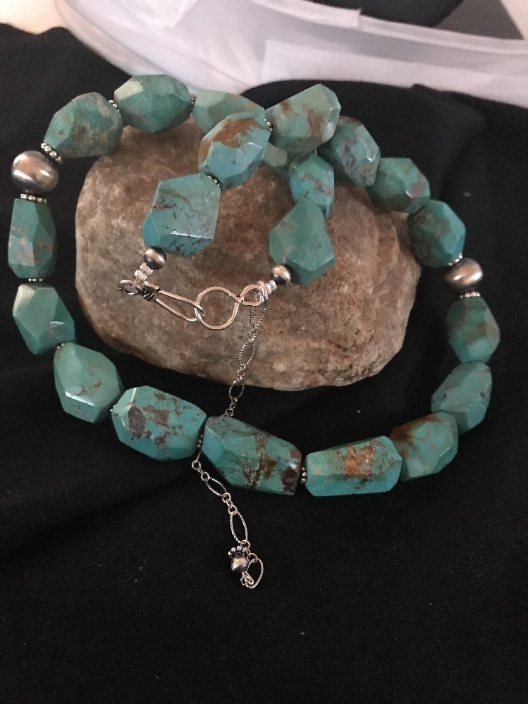 Turquoise Chunky Bead Faceted Navajo Sterling Silver Beads Necklace 03367