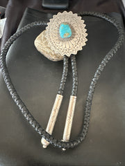 XXL Men's Blue Kingman Turquoise Navajo Bolo Tie 4" | Sterling Silver | Authentic Native American Handmade | 18689