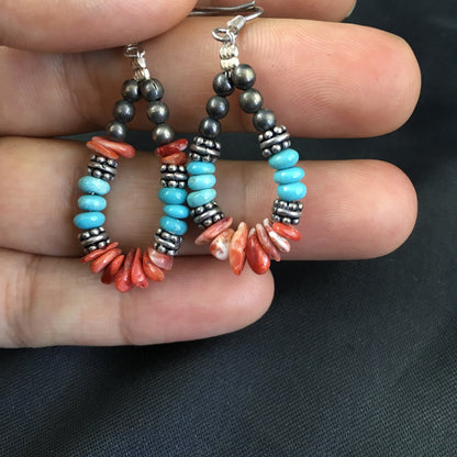 Turquoise Spiny Oyster Navajo Sterling Silver Earrings 1.25” 2034