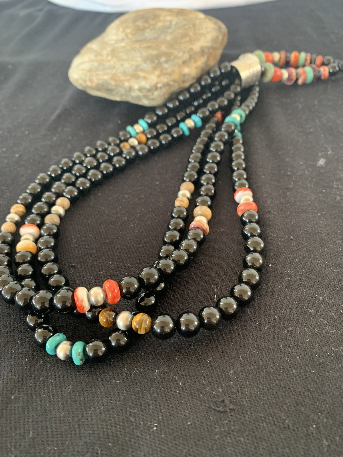 Turquoise Onyx Spiny Picture Jasper Navajo Sterling Silver Necklace 00380