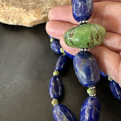 Green Turquoise Lapis Chunky Southwestern Sterling Silver Necklace 21” 19257