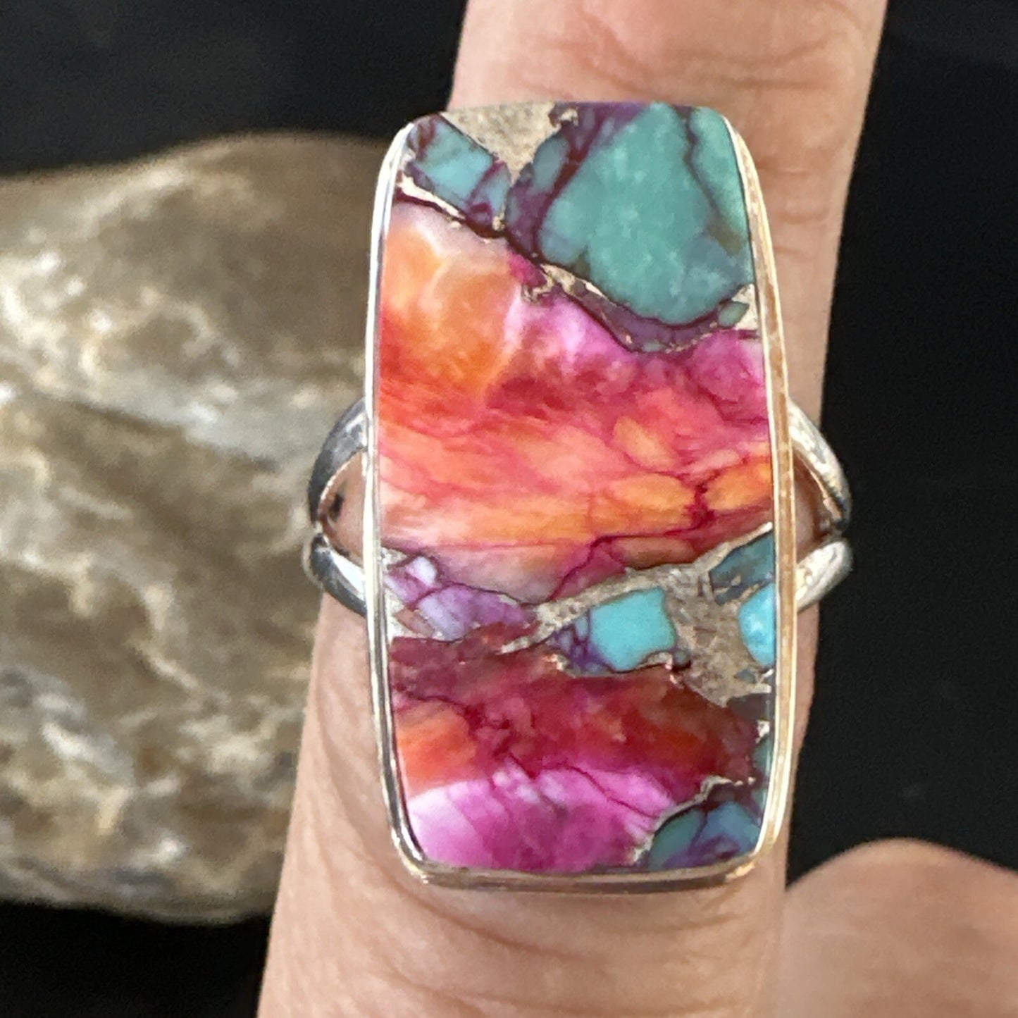 Blue Turquoise Spiny Oyster Navajo Sterling Silver Ring Size 9 18222