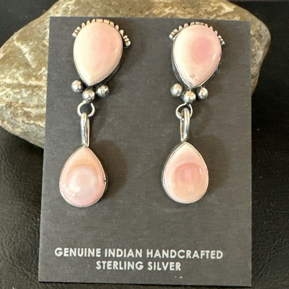 Yazzie Pink Queen Conch Navajo Sterling Silver Post Dangle Earrings 19796