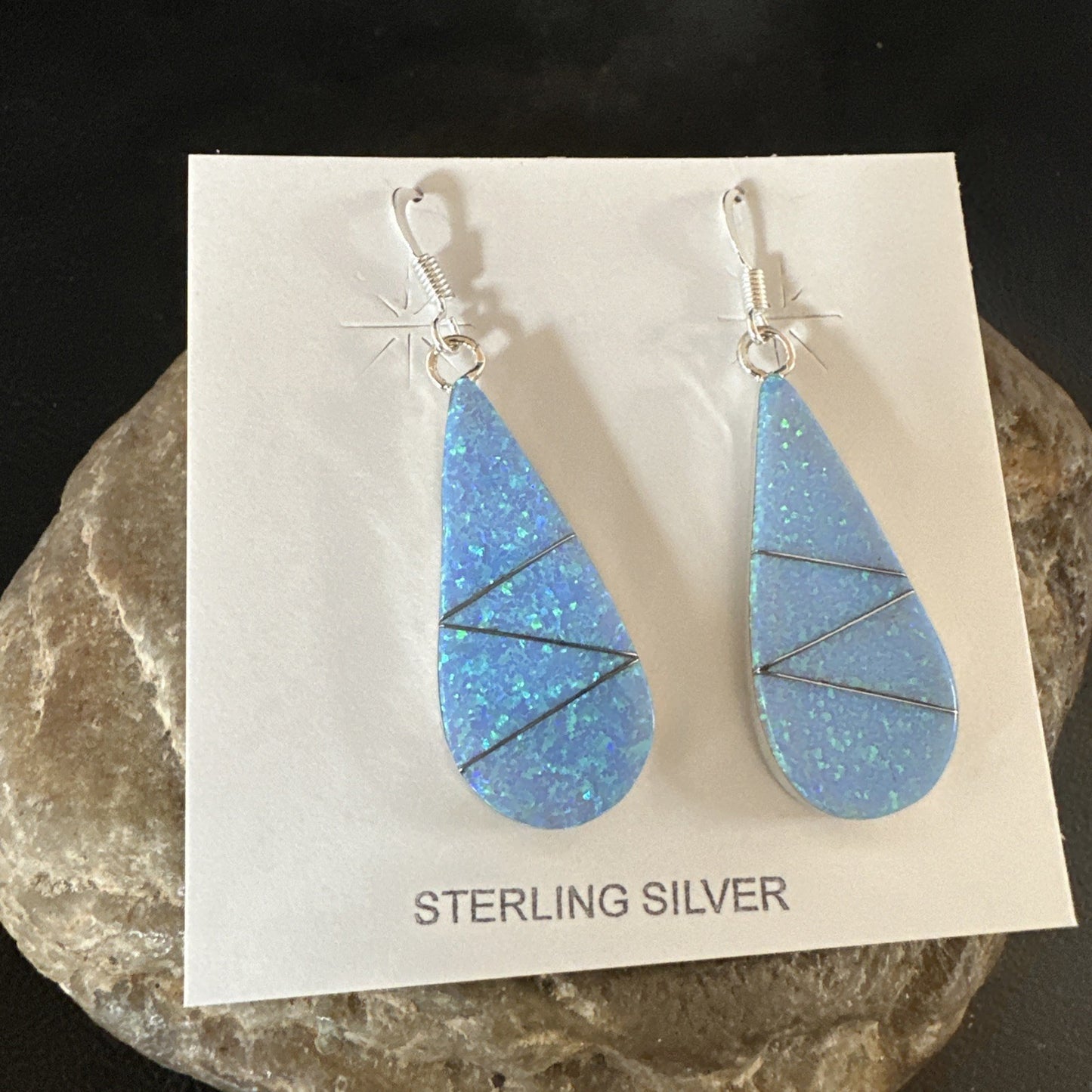 Blue Faux Opal Dangle Inlay Navajo Sterling Silver Earrings 19263