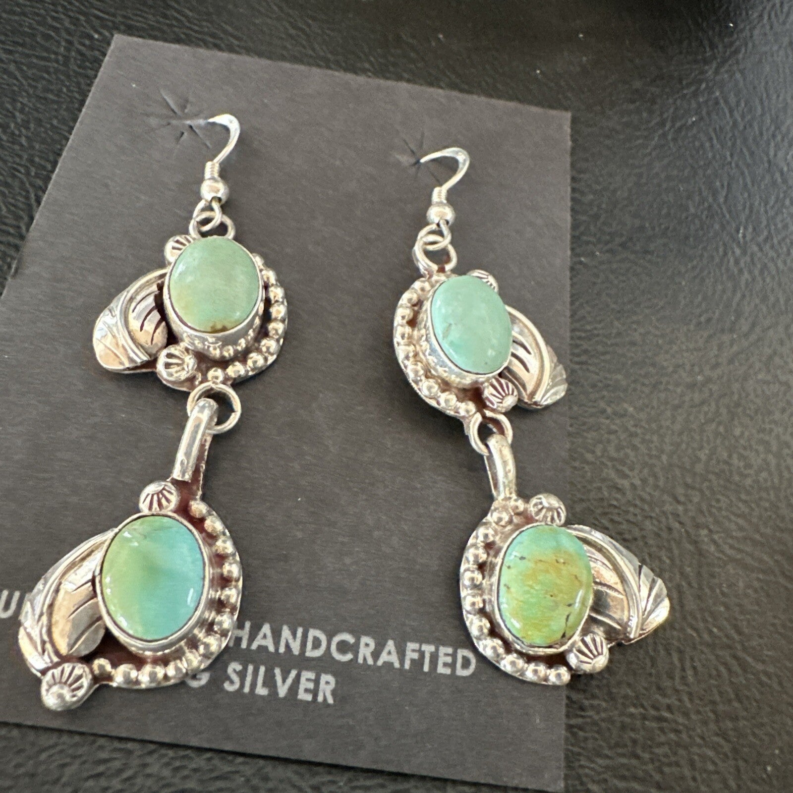 Navajo Green Royston Turquoise Sterling Silver Dangle Earrings 18804
