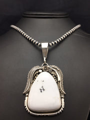 White Buffalo Turquoise Pendant Navajo Beads Necklace | Sterling Silver | Authentic Native American Handmade | 04529