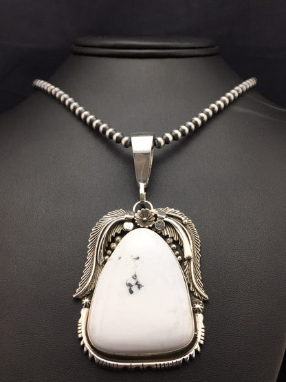 White Buffalo Turquoise Pendant Navajo Sterling Silver Beads Necklace 04529
