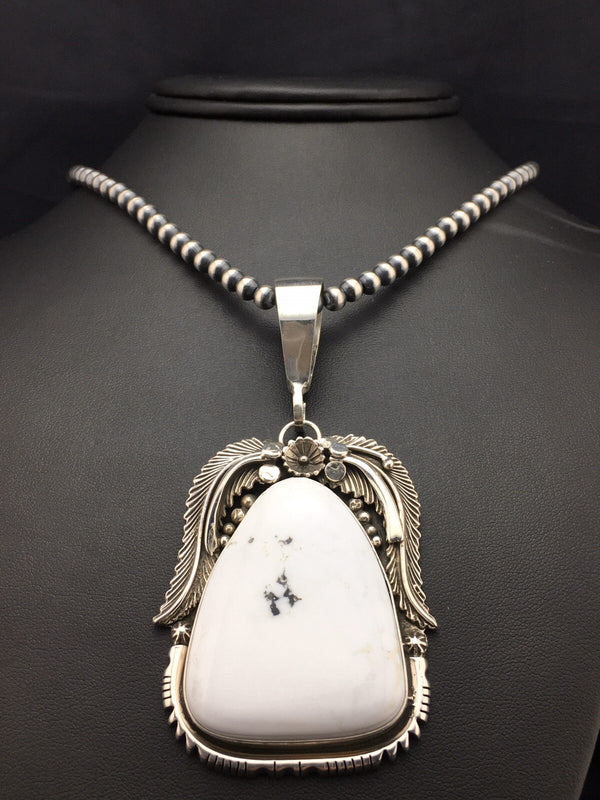 White Buffalo Turquoise Pendant Navajo Beads Necklace | Sterling Silver | Authentic Native American Handmade | 04529