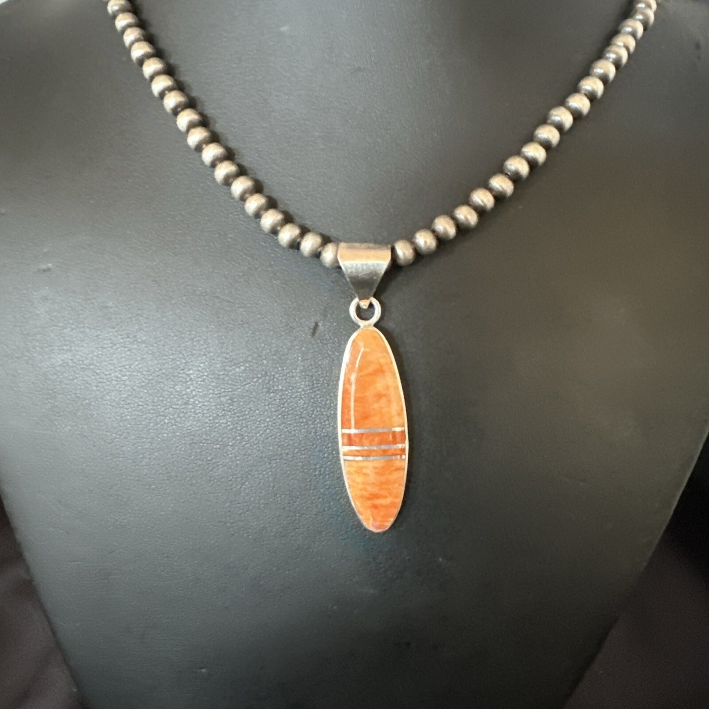 Native Navajo Sterling Silver Orange Spiny Oyster Necklace Inlay Pendant 17811