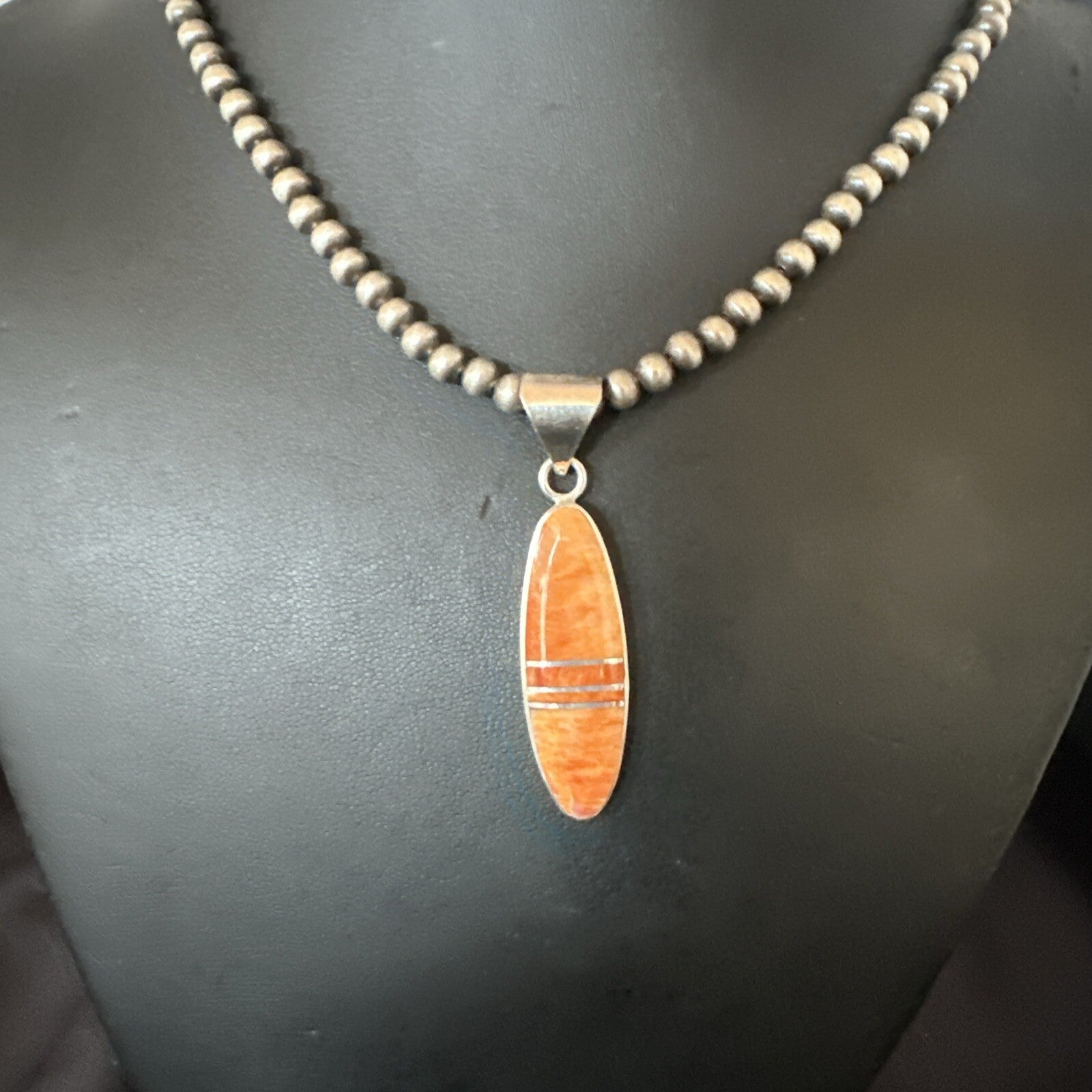 Native Navajo Sterling Silver Orange Spiny Oyster Necklace Inlay Pendant 17811