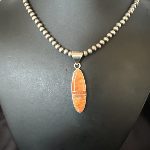 Navajo Orange Spiny Oyster Necklace Inlay Pendant | Sterling Silver | Authentic Native American Handmade | 17811