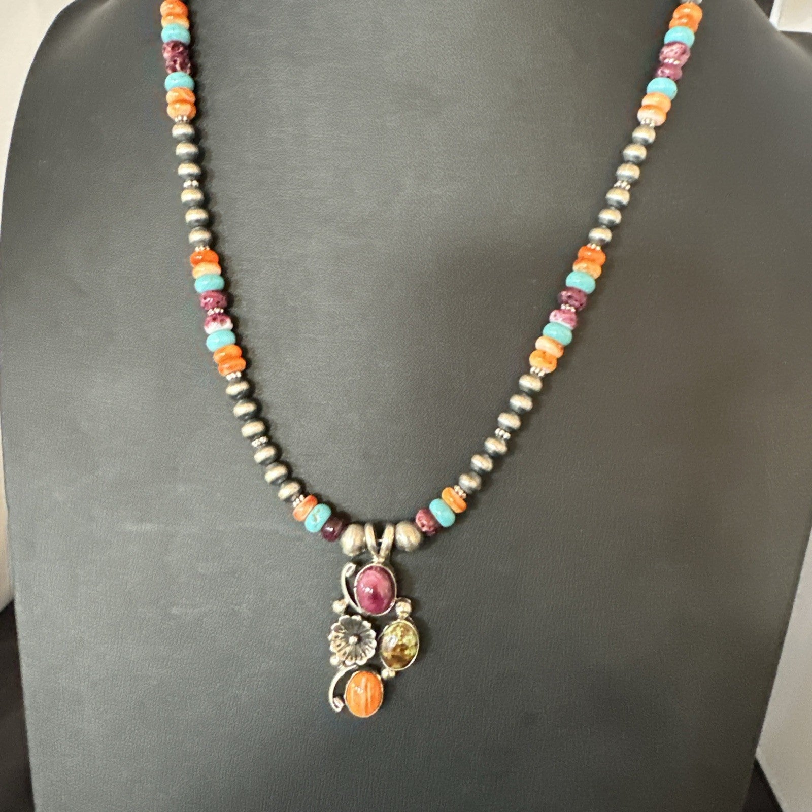 Multicolor Turquoise Spiny Navajo Sterling Silver Cluster Pendant Necklace 19640