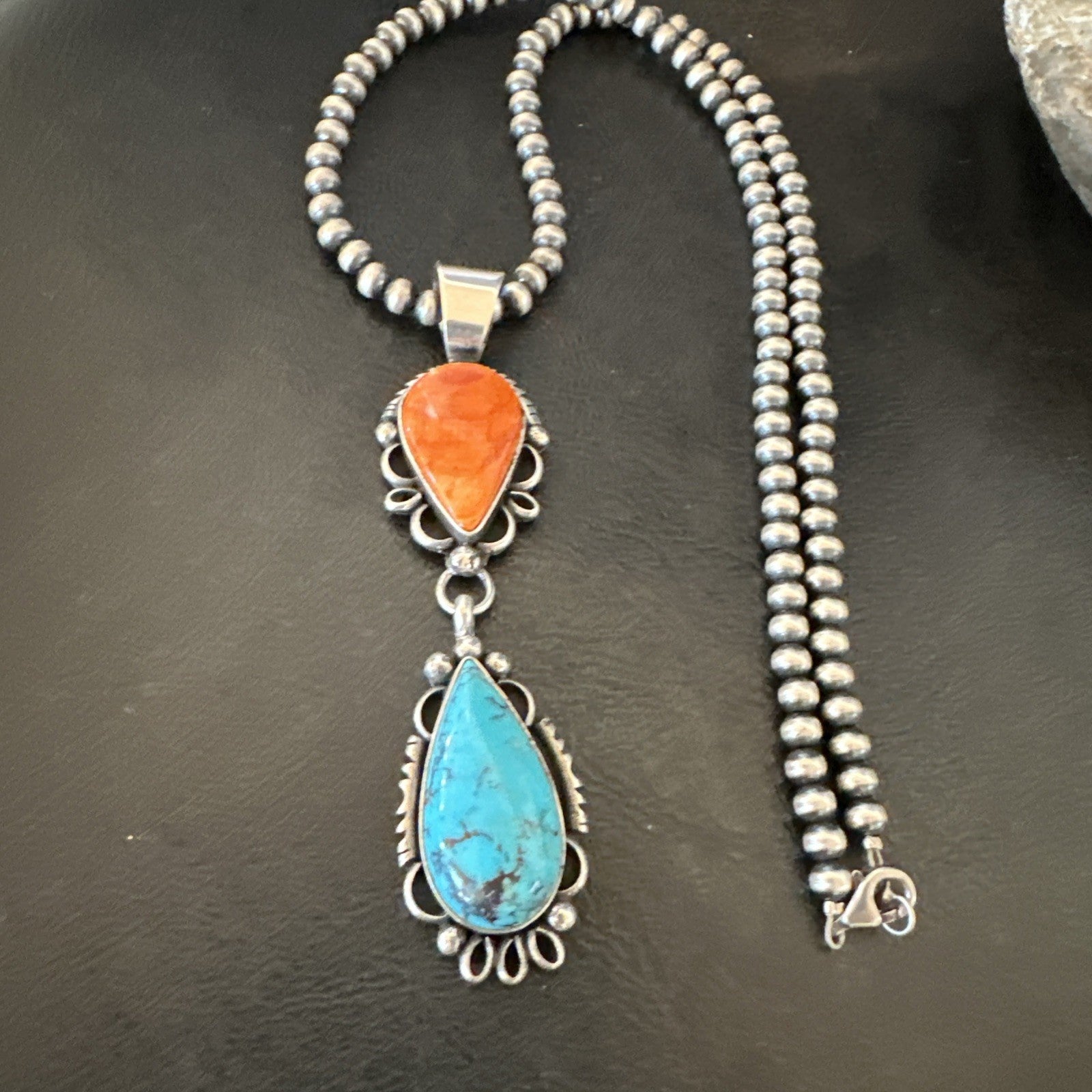 Multicolor Turquoise Spiny Navajo Sterling Silver Cluster Pendant Necklace 19558