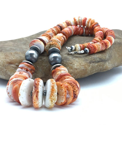 Orange Spiny Oyster Navajo Sterling Silver Necklace 02623