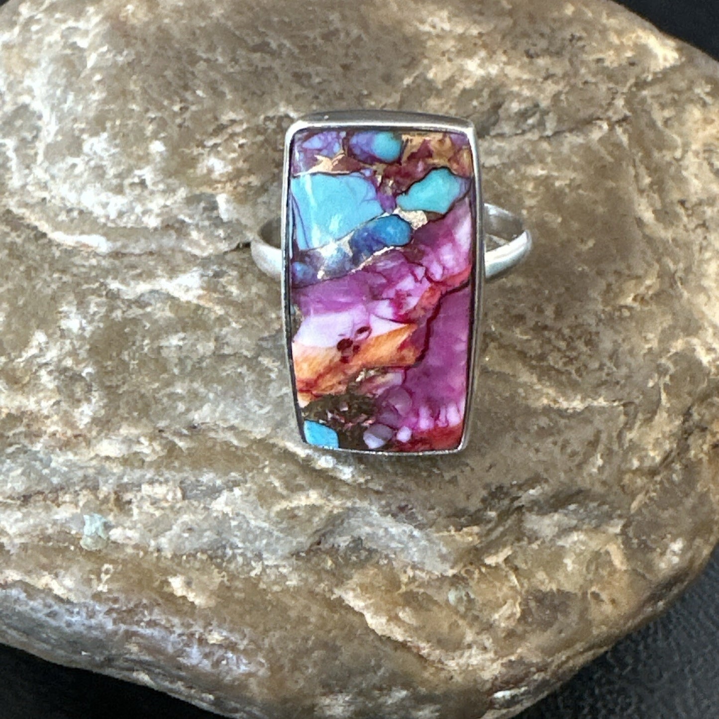 Blue Turquoise Spiny Oyster Southwestern Sterling Silver Ring Size 11 18453
