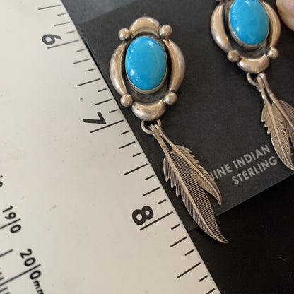 Native Womens Nugget Sterling Silver Blue Turquoise Dangle Earrings 2.5" 13018