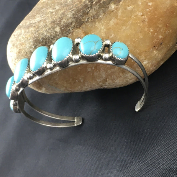 Men's Navajo Kingman Turquoise Bracelet 7 Stone | Sterling Silver | Authentic Native American Handmade | 10244