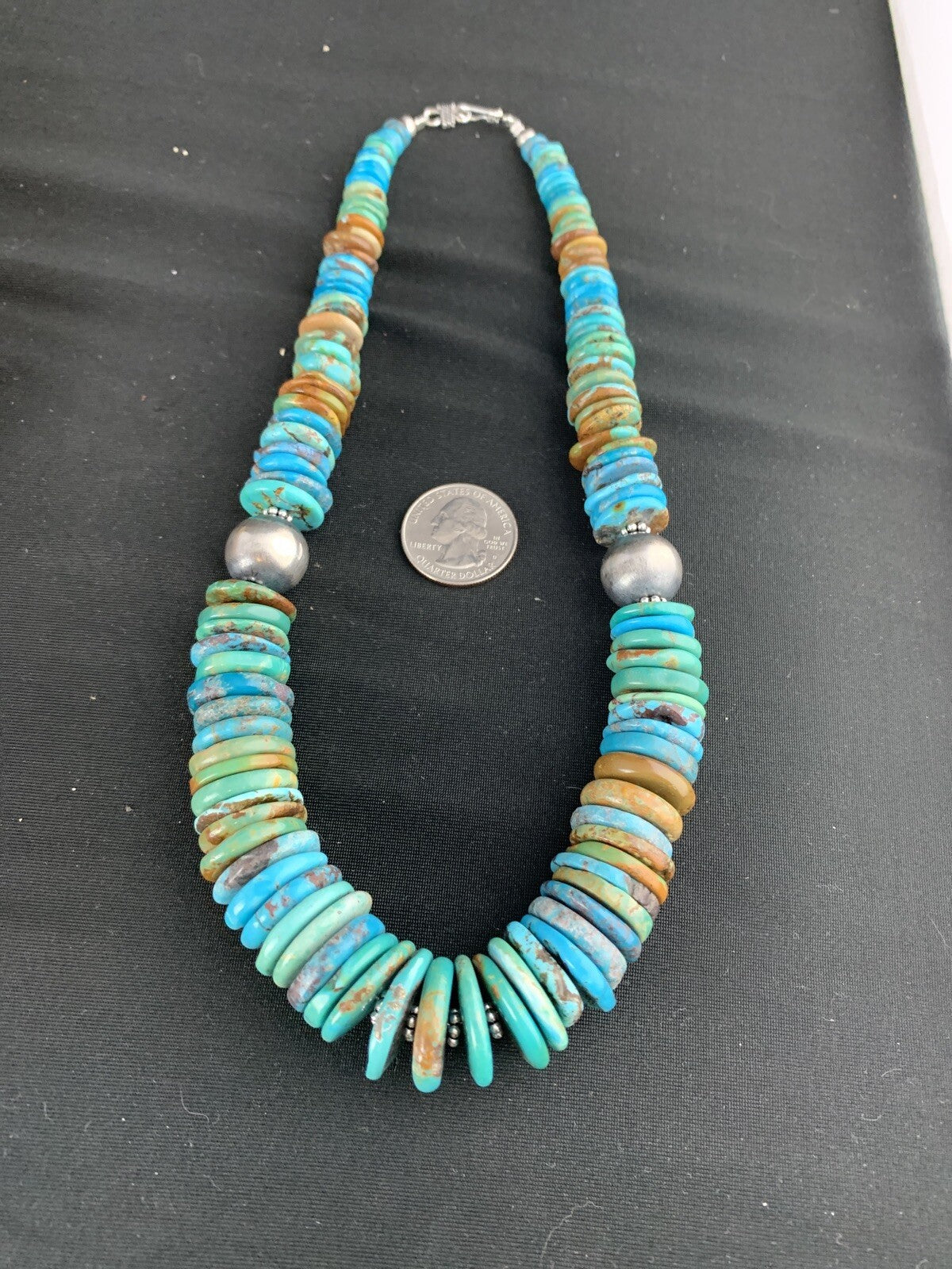 Mens Blue Green Turquoise Navajo Sterling Silver Necklace A3