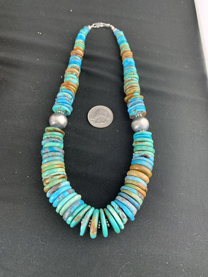 Mens Blue Green Turquoise Navajo Sterling Silver Necklace A3