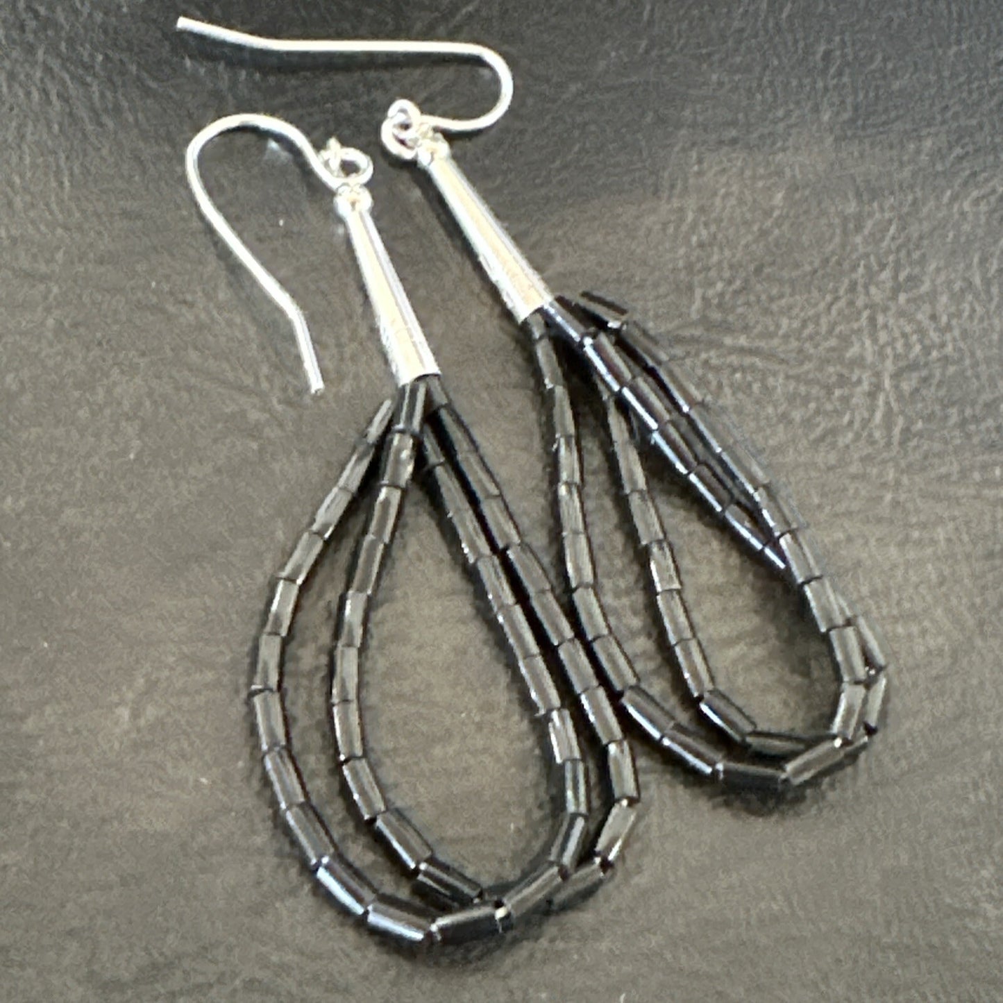 Black Onyx Heishi 2S Bead Southwestern Sterling Silver Earrings 2" 18177