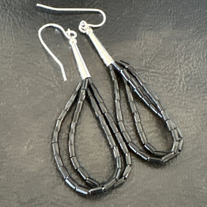 Black Onyx Heishi 2S Bead Southwestern Sterling Silver Earrings 2" 18177
