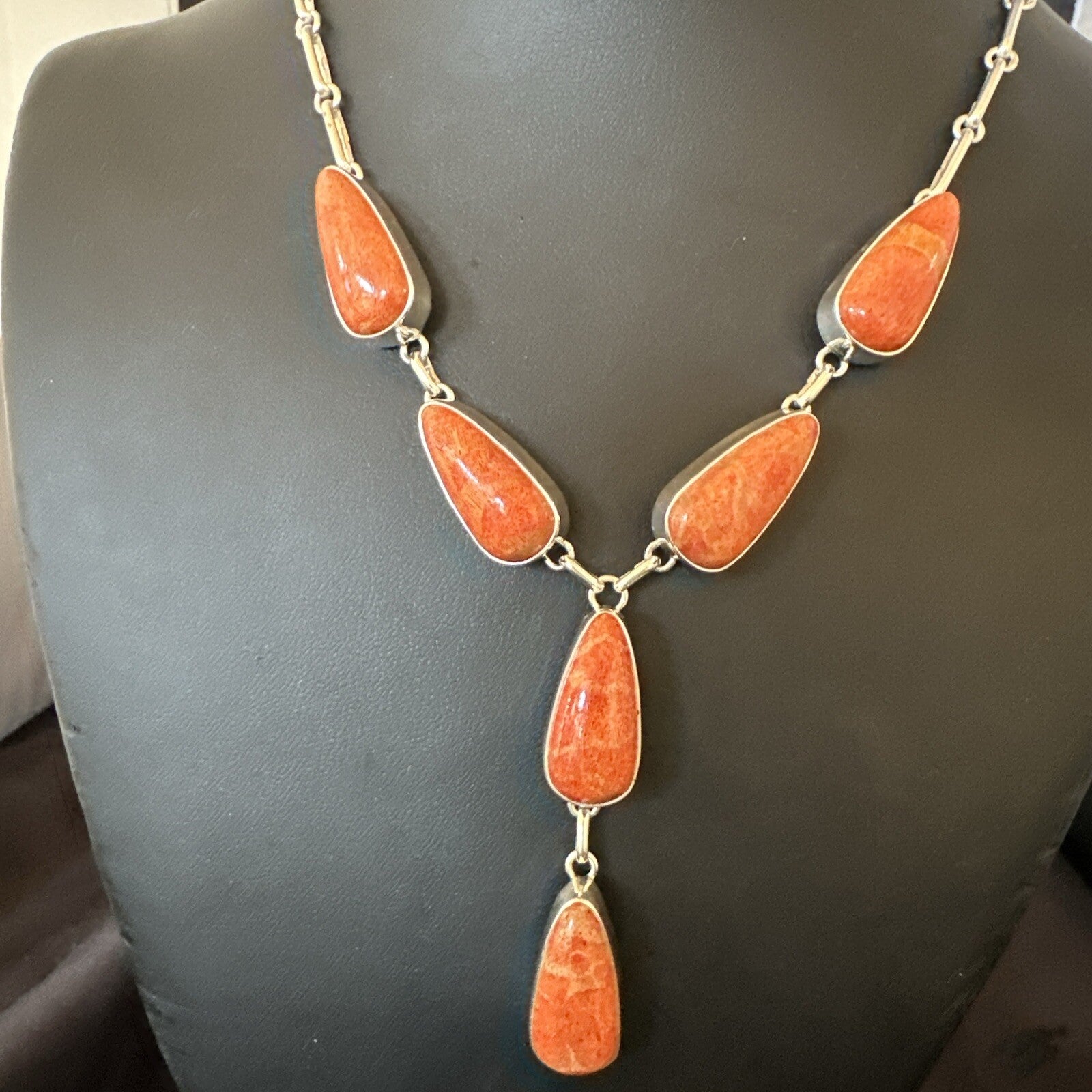 Apple Sponge Coral Lariat Necklace Pendant Earrings Sterling Silver 16” 18973