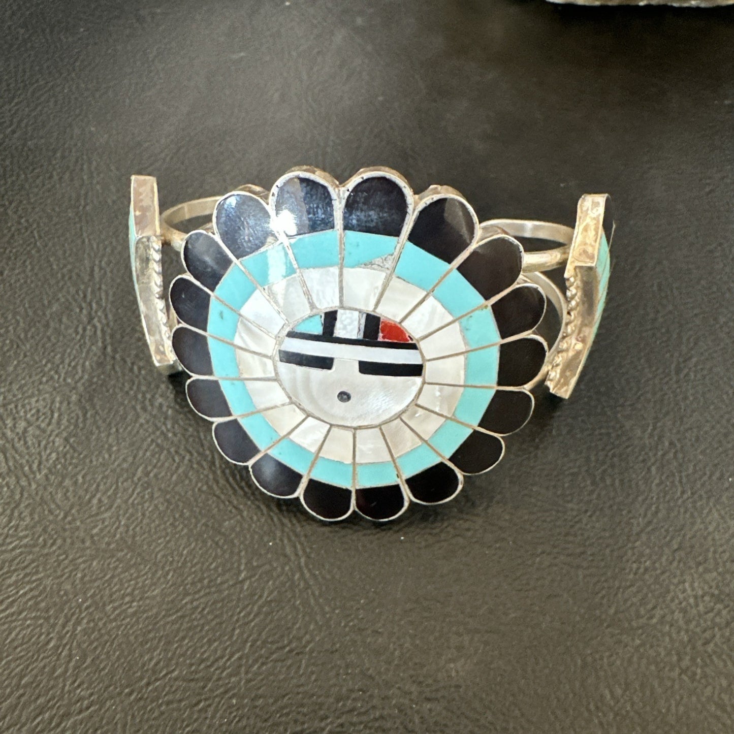 Old Pawn Sunface Turquoise Zuni Sterling Silver Onyx Bracelet 6.75” 19128