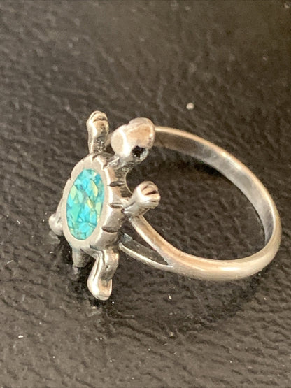 Blue Turquoise Navajo Sterling Silver Old Pawn Turtle Ring Size 4.5 10787