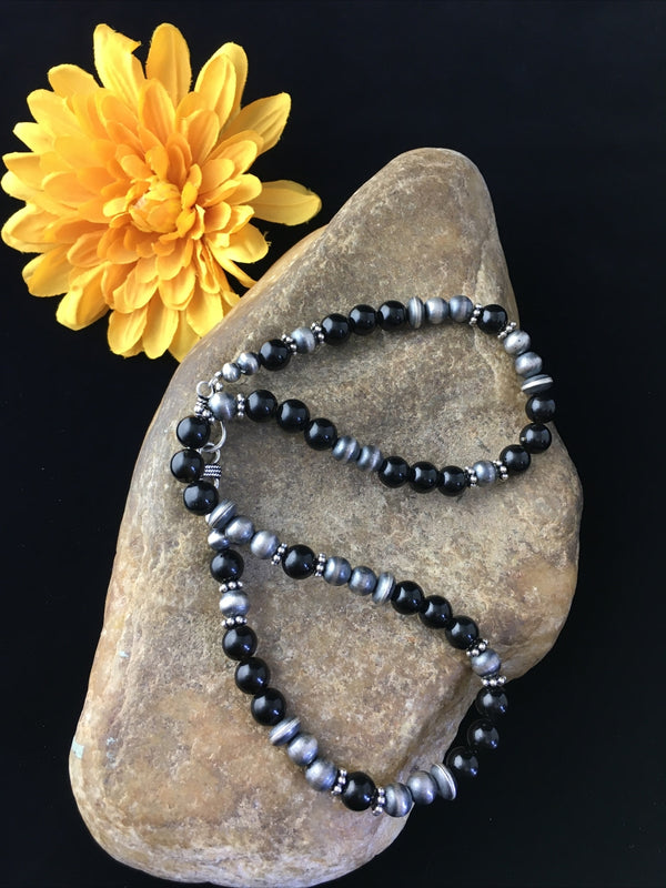 Men's Black Onyx Navajo Bead Necklace | Sterling Silver | Authentic Native American Handmade | 1743