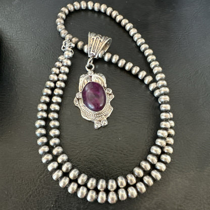 Purple Stone Pendant Navajo Pearls Sterling Silver Necklace 20” 18047