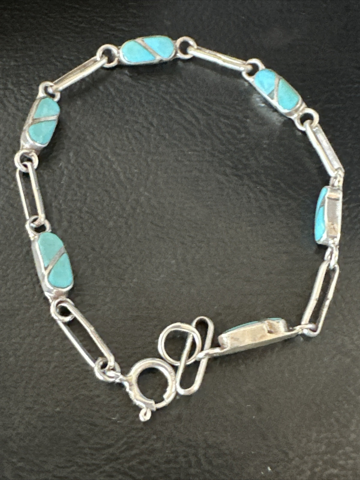 Blue Turquoise Navajo Old Pawn Sterling Silver Inlay Bracelet 7.5” 18152