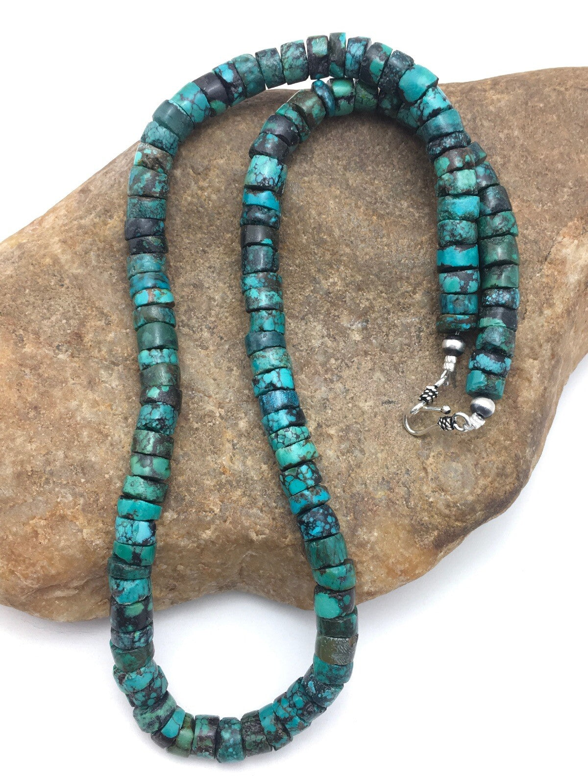 Rustic Turquoise 12 mm Heishi Sterling Silver Bead Necklace 26” 15262