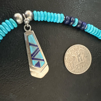 Blue Lapis Turquoise Inlay Pendant Navajo Sterling Silver Necklace 20" 19657