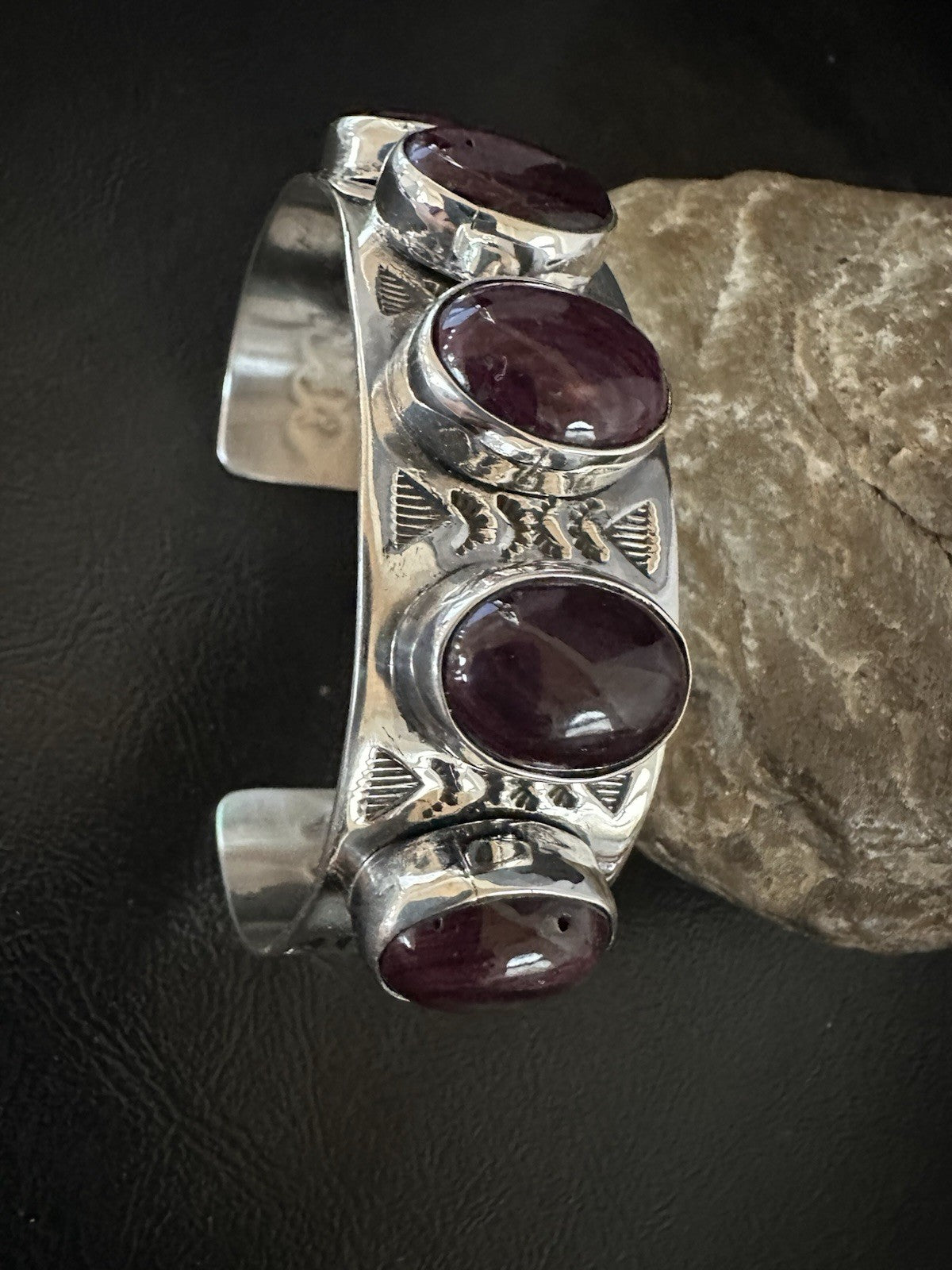 Purple Spiny Oyster Row 5 Stone Sterling Silver Navajo Cuff Bracelet 19473