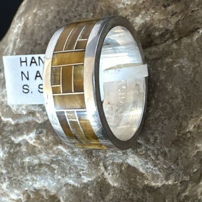 Infinity Mens Band Tigers Eye Navajo Sterling Silver Inlay Ring Size 10 19050