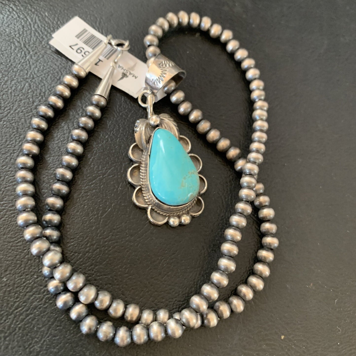 Mens Blue Kingman Turquoise Pendant Navajo Pearls Sterling Necklace 10697N