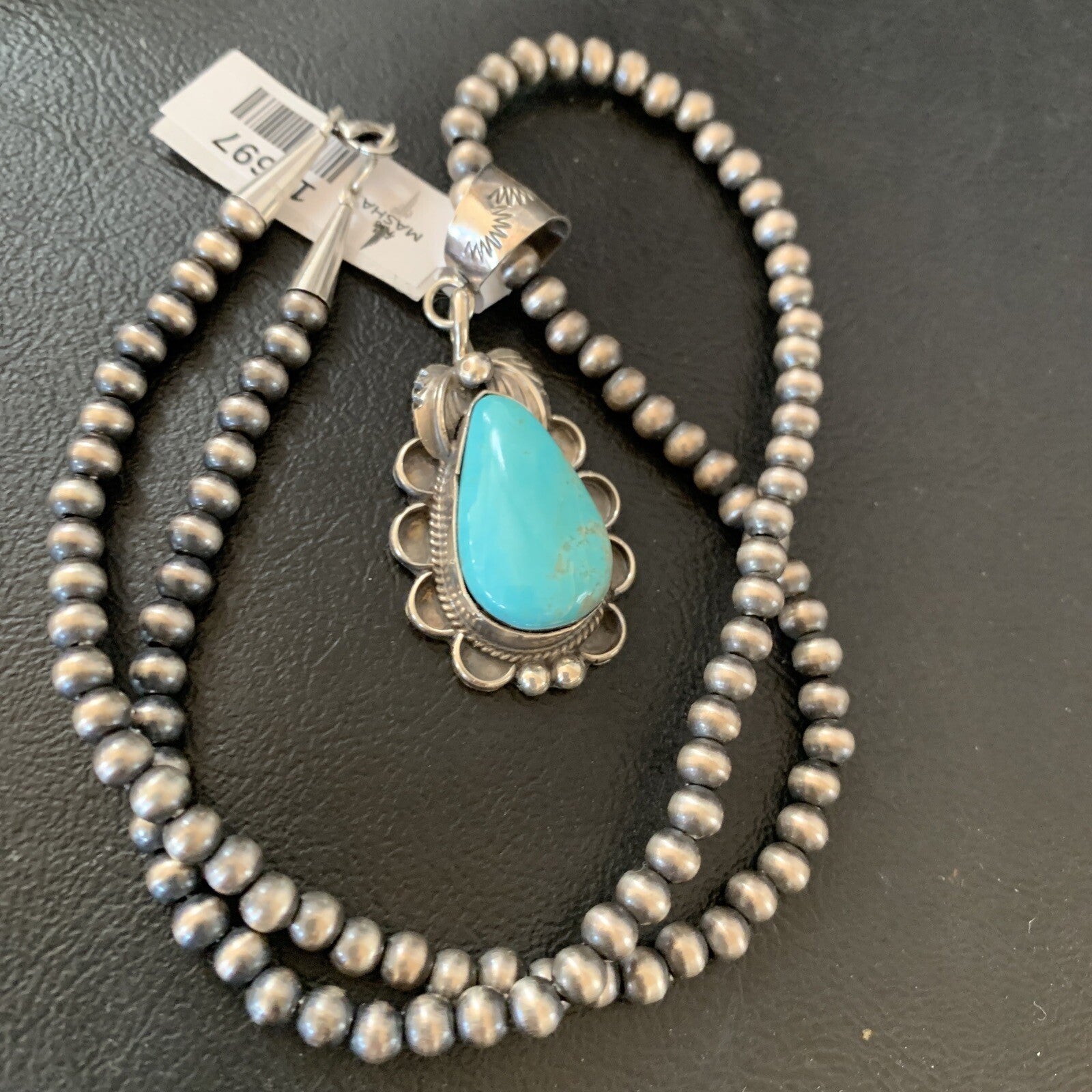 Mens Blue Kingman Turquoise Pendant Navajo Pearls Sterling Necklace 10697N