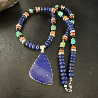 Lapis Turquoise Spiny Necklace Southwestern Sterling Silver Pendant 22” 19469