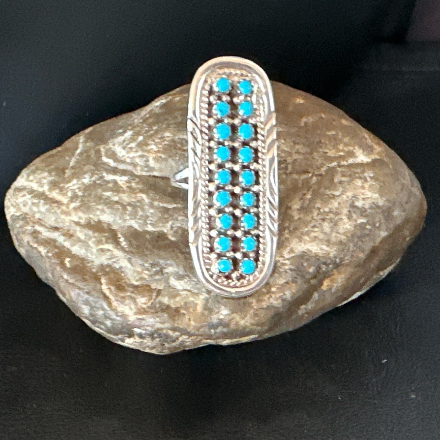 Blue Turquoise Zuni Sterling Silver Petite Point Cluster Ring Size 9 18791