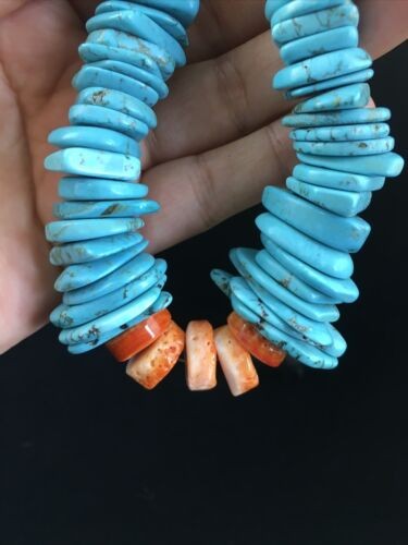 Navajo Sterling Silver Blue Turquoise Spiny Oyster 23" Necklace 16902