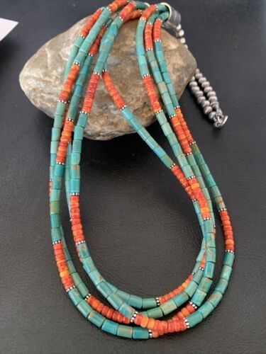 Navajo Green Royston Turquoise Spiny Necklace Sterling Silver 26" 10469