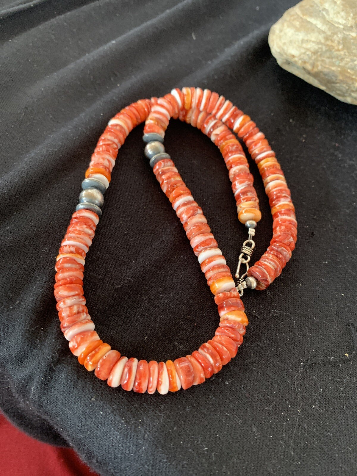 Red Spiny Oyster Navajo Sterling Silver Beads 20" Necklace 00556
