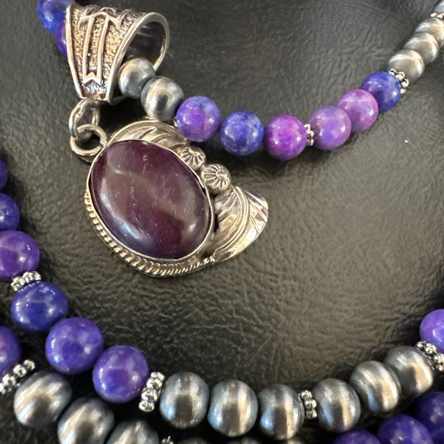 Purple Stone Pendant Navajo Pearls Sterling Silver Necklace 18389