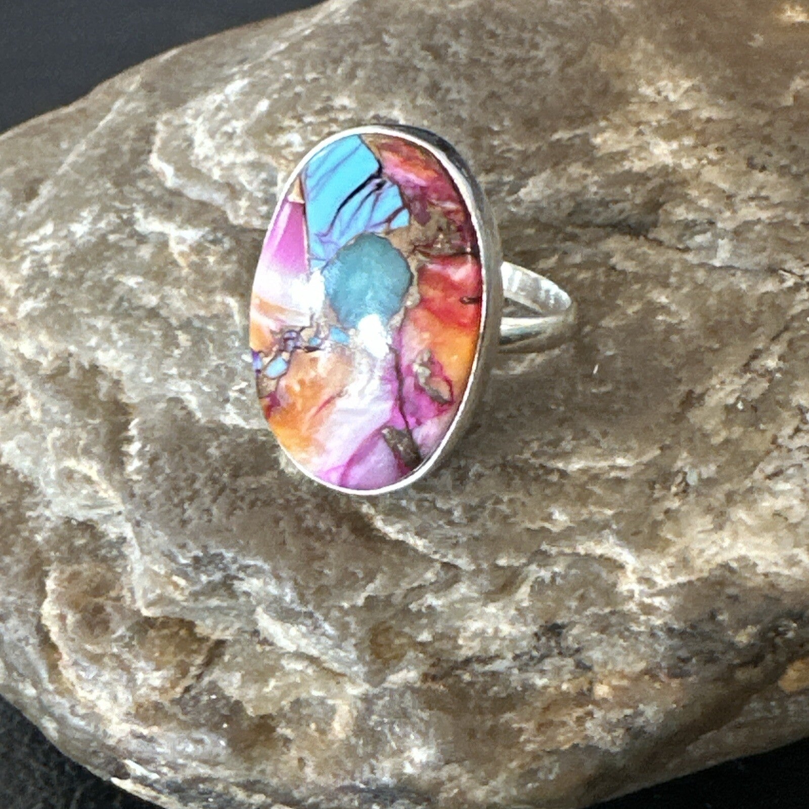 Blue Turquoise Spiny Oyster Southwestern Sterling Silver Ring Size 7 18495