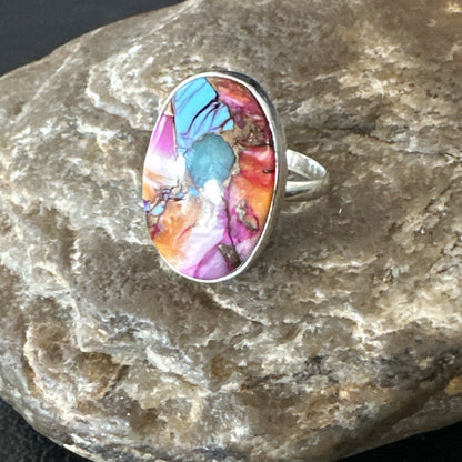 Blue Turquoise Spiny Oyster Southwestern Sterling Silver Ring Size 7 18495