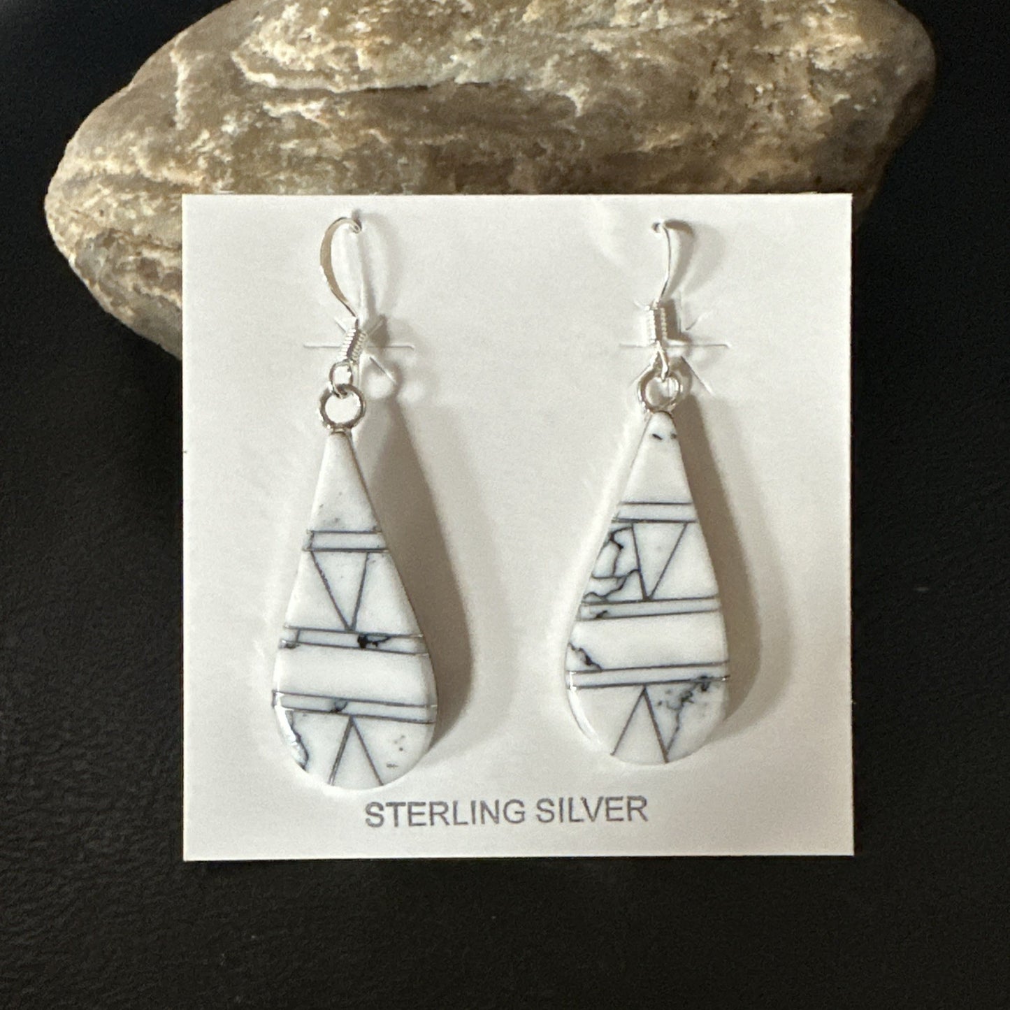 White Howlite Dangle Inlay Navajo Sterling Silver Earrings 19264