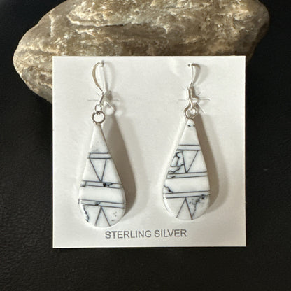 White Howlite Dangle Inlay Navajo Sterling Silver Earrings 19264